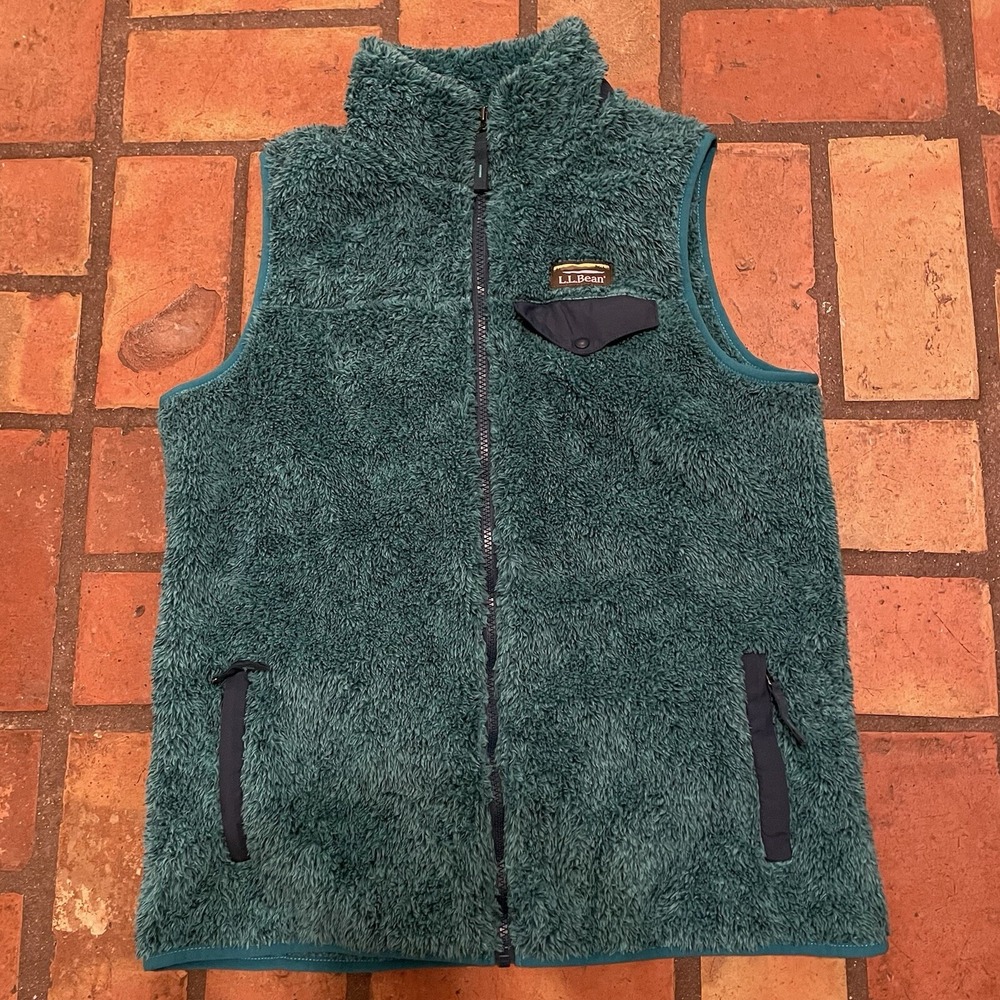 LL Bean Women's Mountain Hi-Pile Fleece Vest Blue Green Sz MEDIUM Full Zip